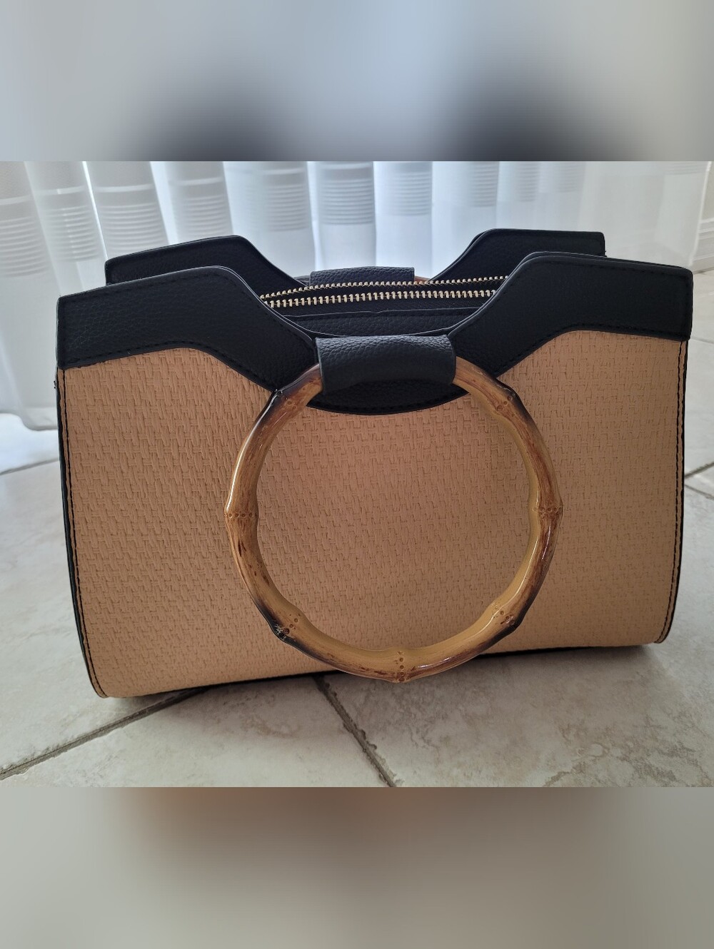 Women’s Black and Beige Handbag with Bamboo-style Ring Handle